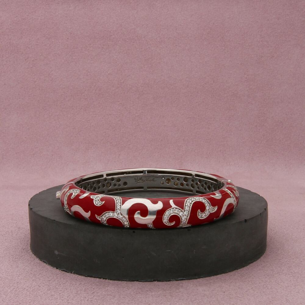 bella etoile sterling silver red enamel & cz scroll bangle bracelet size 6.75in